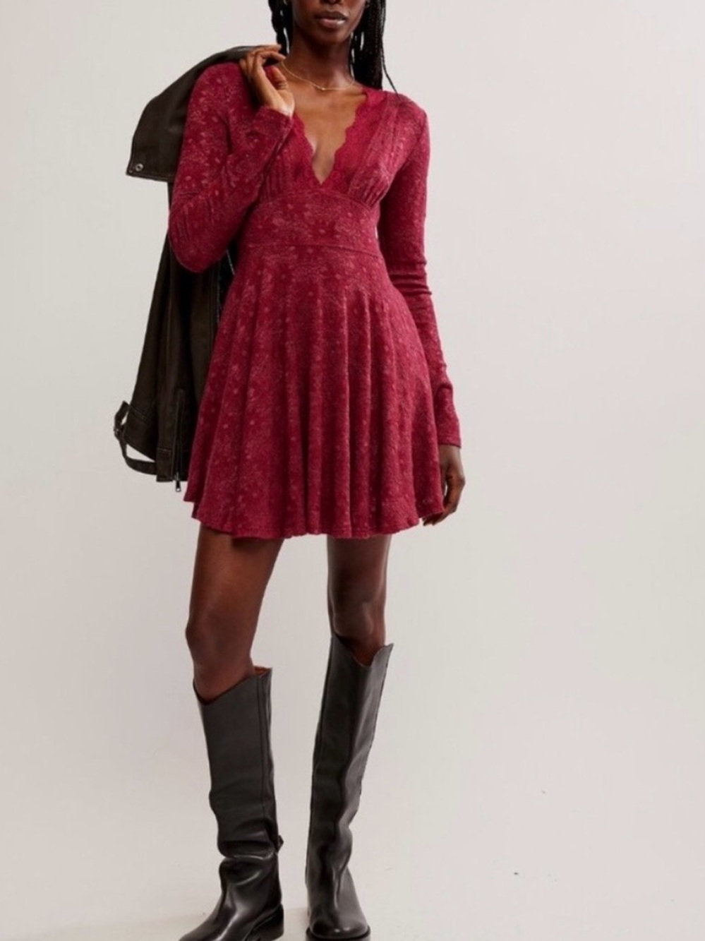Free People Lace V-Neck Long Sleeve Mini Dress in Burgundy